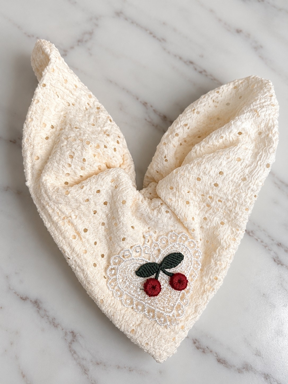 Cream Eyelet Bow Scrunchie with Cherry Charm - Women Accessories - Picture 3 of 3